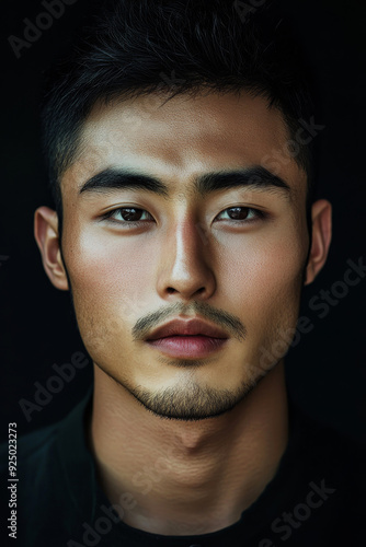 Close-up portrait of a young East Asian male with dark features, capturing serene beauty against a simple black background