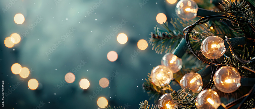 Christmas and New Year layout. Fir branches, glowing lamp bulb, golden decoration, lights, garland on turquoise background. Flat lay. Winter holidays celebration. Copy space. Generative ai Christmas and New Year layout. Fir branches, glowing lamp bulb, golden decoration, lights, garland on turquoise background. Flat lay. Winter holidays celebration. Copy space. Generative ai