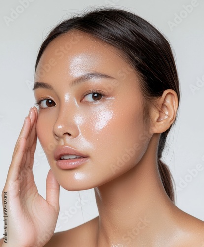 Asian woman with slightly oily skin from Southeast Asia, touching her face with one hand. She has brown skin and freckle