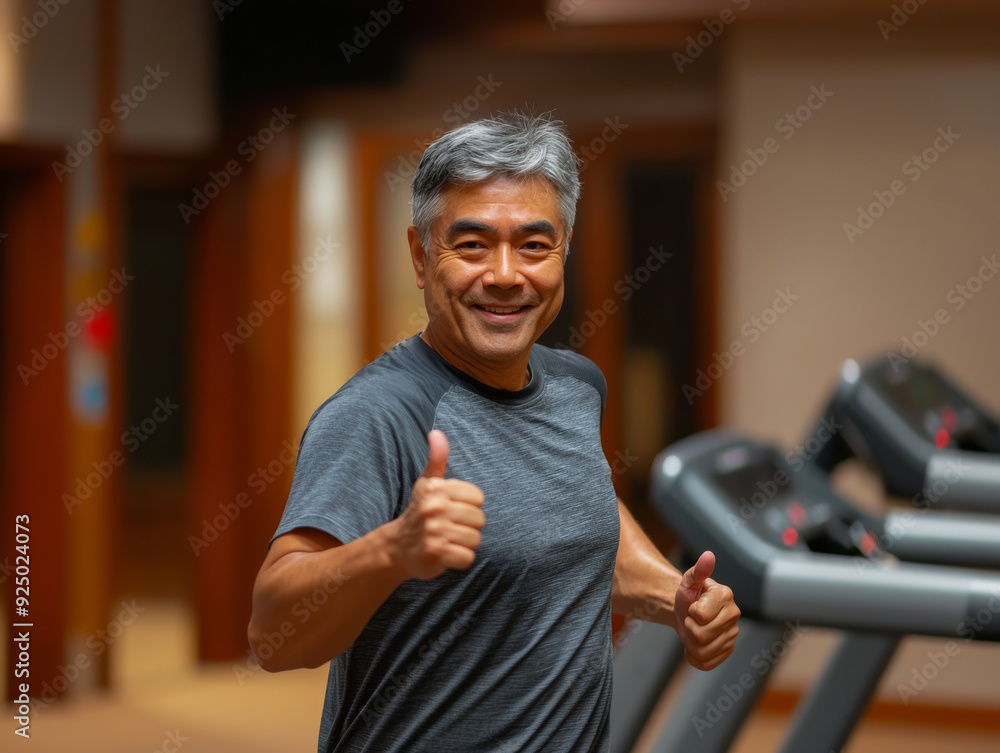 Elderly Asian male with gray hair running on Treadmill and thumbs up. gym background. Happy mood, healthy and wellness concept Elderly Asian male with gray hair running on Treadmill and thumbs up. gym background. Happy mood, healthy and wellness concept