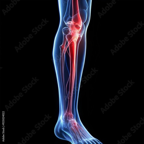 Medical X-ray of Leg with Blood Clot: An X-ray style image of a leg, with a visible blood clot in one of the veins. Highlight the contrast between the clot and the surrounding tissues.