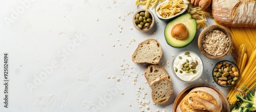 Top view of healthy carbohydrate-rich food items like bread, pasta, avocados, and more, arranged on a white background with free copy space image available. photo