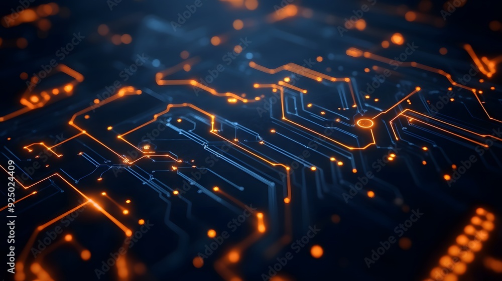 Intricate circuit board design, showcasing electronic engineering and digital technology