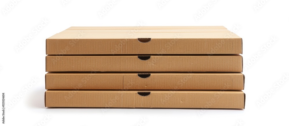Front view of a stack of brown pizza boxes against a white backdrop, with a clipping path for a copy space image. Front view of a stack of brown pizza boxes against a white backdrop, with a clipping path for a copy space image.