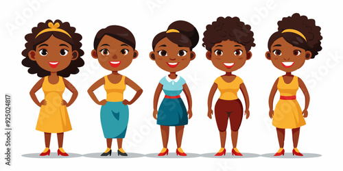 Set of young African American woman character on white background. Happy black girl
