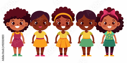 Set of young African American woman character on white background. Happy black girl
