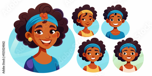 Set of young African American woman character on white background. Happy black girl
