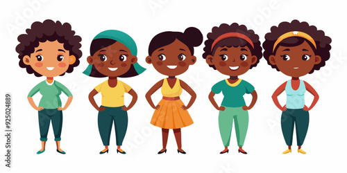 Set of young African American woman character on white background. Happy black girl
