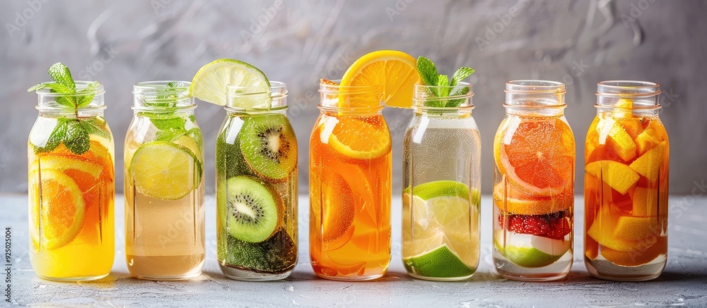 Refreshing summer drinks - a variety of fruits infused in detox water in small glass bottles, epitomizing the concept of a healthy diet with a copy space image. Refreshing summer drinks - a variety of fruits infused in detox water in small glass bottles, epitomizing the concept of a healthy diet with a copy space image.
