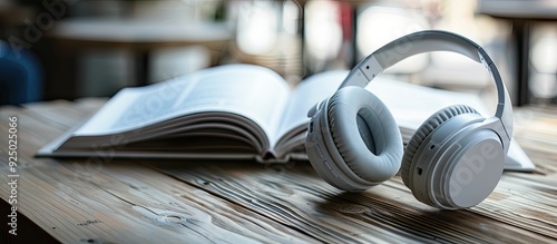 White wireless headphones placed on a wooden table with an open book in the backdrop, with room for text or other images. image with copy space