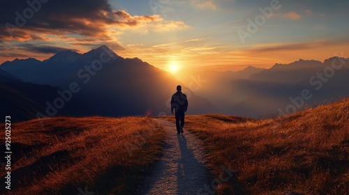Man Walking Towards Sunset in Mountains