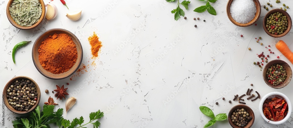 Top-down view of an assortment of Indian spices and herbs on a white surface, providing ample space for displaying food, vegetables, or other content. Top-down view of an assortment of Indian spices and herbs on a white surface, providing ample space for displaying food, vegetables, or other content.