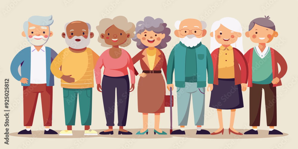 Elderly people characters set. Happy seniors, old men and women of different nations in full growth
Elderly people characters set. Happy seniors, old men and women of different nations in full growth