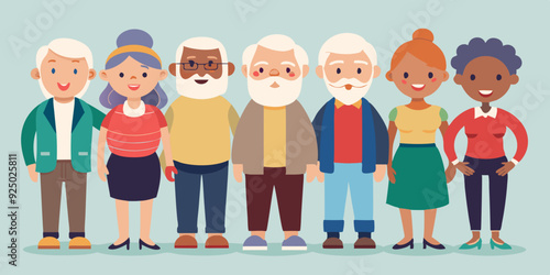 Elderly people characters set. Happy seniors, old men and women of different nations in full growth
