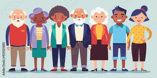 Diverse Group of Joyful Senior Characters, Full-Body Portraits of Elders from Various Cultures, Celebrating Life and Friendship.