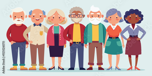 Elderly people characters set. Happy seniors, old men and women of different nations in full growth
