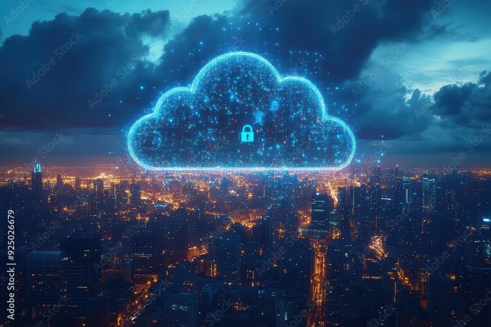 Fototapeta premium cloud computing concept ethereal data streams flowing into cloud shape interconnected nodes secure padlock icons futuristic cityscape below
