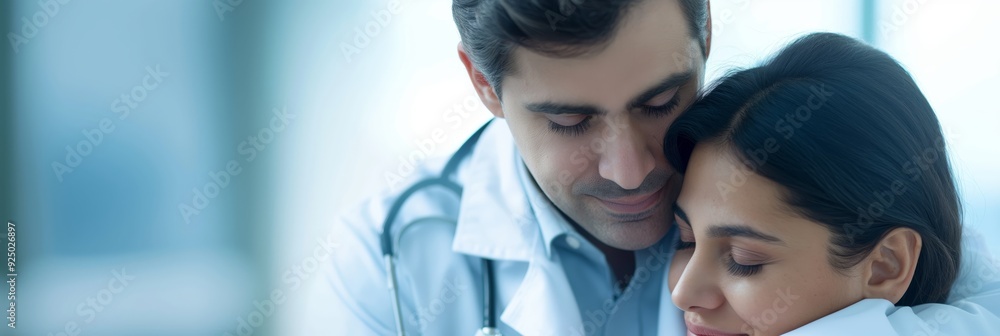 A doctor in a clinical setting hugging a patient, epitomizing care, support, and compassion within a medical professional environment. A doctor in a clinical setting hugging a patient, epitomizing care, support, and compassion within a medical professional environment.