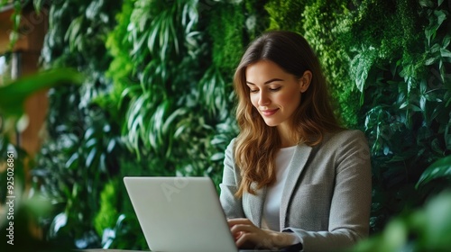 Sophisticated Female Executive Working on Laptop in Trendy Office Space