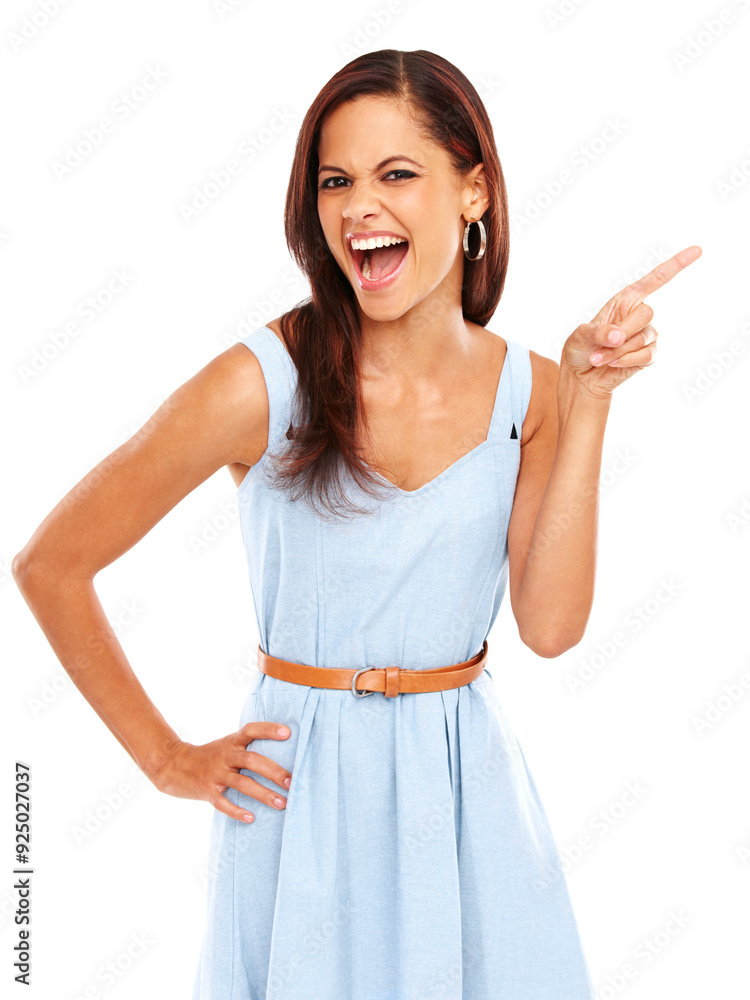 Pointing, happy and portrait of woman with option in studio with mockup for choice, menu or decision. Excited, announcement and person with direction hand gesture for vote by white background. Pointing, happy and portrait of woman with option in studio with mockup for choice, menu or decision. Excited, announcement and person with direction hand gesture for vote by white background.