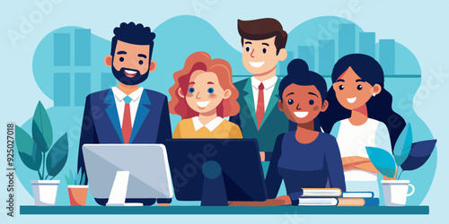 Business team at the desktop. Happy colleagues working together. Portrait of office workers
