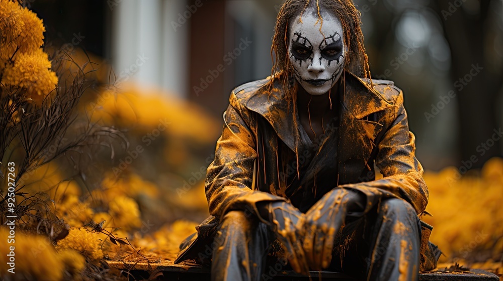 Figure with haunting face paint and yellow-stained coat in outdoor setting Figure with haunting face paint and yellow-stained coat in outdoor setting