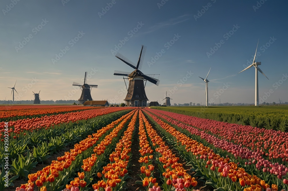 Fototapeta premium Vibrant tulip fields stretch toward the horizon, beautifully contrasting with towering windmills against a clear blue sky. 