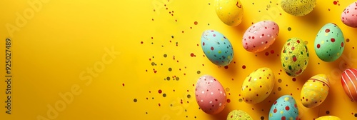 Various dotted and colorful Easter eggs scattered across a vibrant yellow background, evoking the festive and cheerful spirit of the season. photo