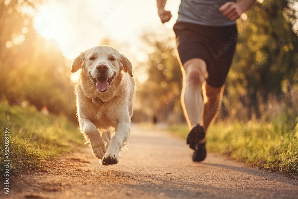 A man and his dog are running together on a path, a golden retriever and he is enjoying the run A man and his dog are running together on a path, a golden retriever and he is enjoying the run