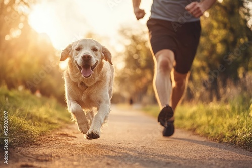 A man and his dog are running together on a path, a golden retriever and he is enjoying the run