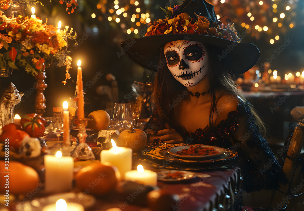 Asia woman in Day of the Dead costume at a table with friends during a Halloween party Asia woman in Day of the Dead costume at a table with friends during a Halloween party