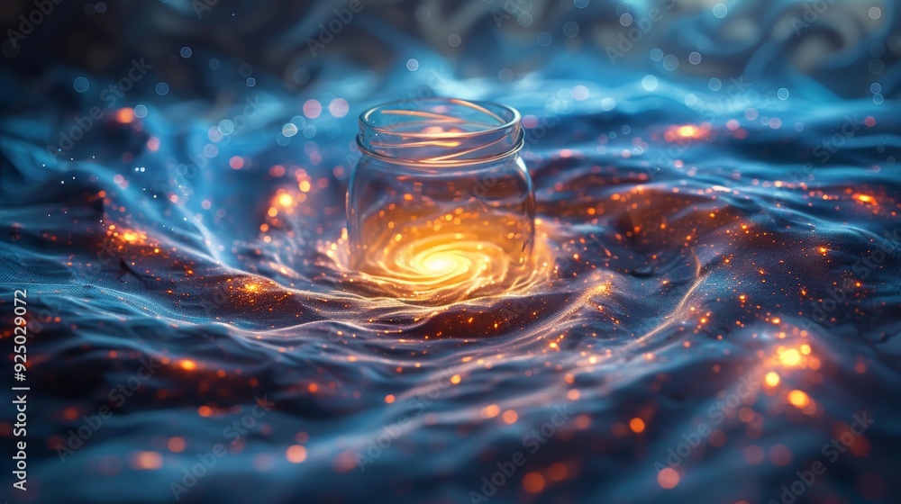 Galaxy in a Jar: A whimsical concept of a galaxy contained within a glass jar, with swirling stars and cosmic dust, creating a magical and imaginative scene. 