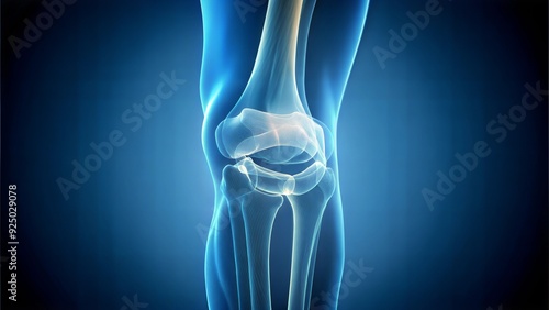  An x-ray of a human knee joint, showing the bones, cartilage, and ligaments in clear detail, with a smooth gradient background from dark to light blue, highlighting the complexity of the j