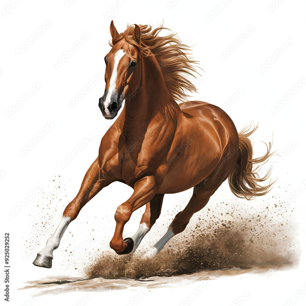 Naklejka premium A majestic horse standing tall, with a flowing mane and muscular build. Its coat shines in the sunlight, showcasing a deep chestnut color with white markings.