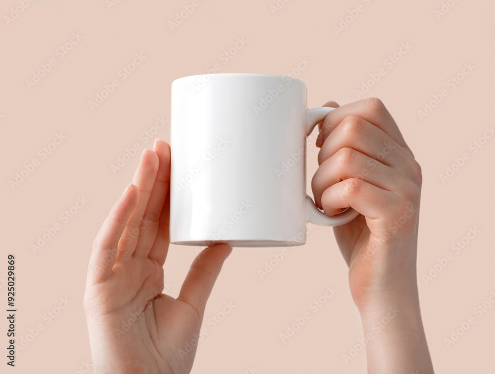 Female hands hold a white mockup ceramic mug, coffee cup on a beige isolated background with copy space. Blank template for your design, branding, business Female hands hold a white mockup ceramic mug, coffee cup on a beige isolated background with copy space. Blank template for your design, branding, business