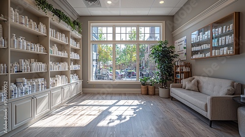 Wallpaper Mural Mental Health Dispensary Room: A calm, soothing dispensary room focused on medications and supplements for mental health and wellness. Torontodigital.ca