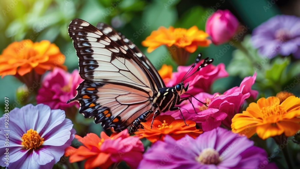 Beautiful butterfly resting on a colorful flower, delicate wings open, vibrant garden background.-