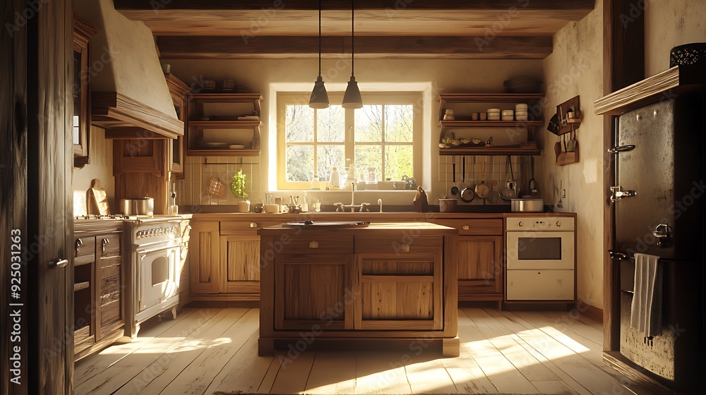 3D Rustic Kitchen with Wooden Cabinets, Large Island, and Vintage-Style Appliances 3D Rustic Kitchen with Wooden Cabinets, Large Island, and Vintage-Style Appliances
