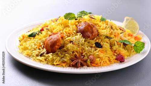 A colorful biryani on a white plate