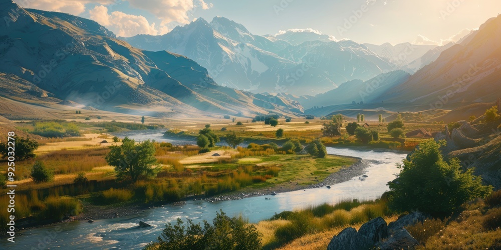 Obraz premium Scenic mountain valley on a sunny summer day with a meandering river panoramic vista