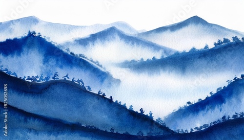 Mountain scenery, Watercolor. Chinese or Japanese Blue Mountains. Landscape of foggy mountains in the early morning photo