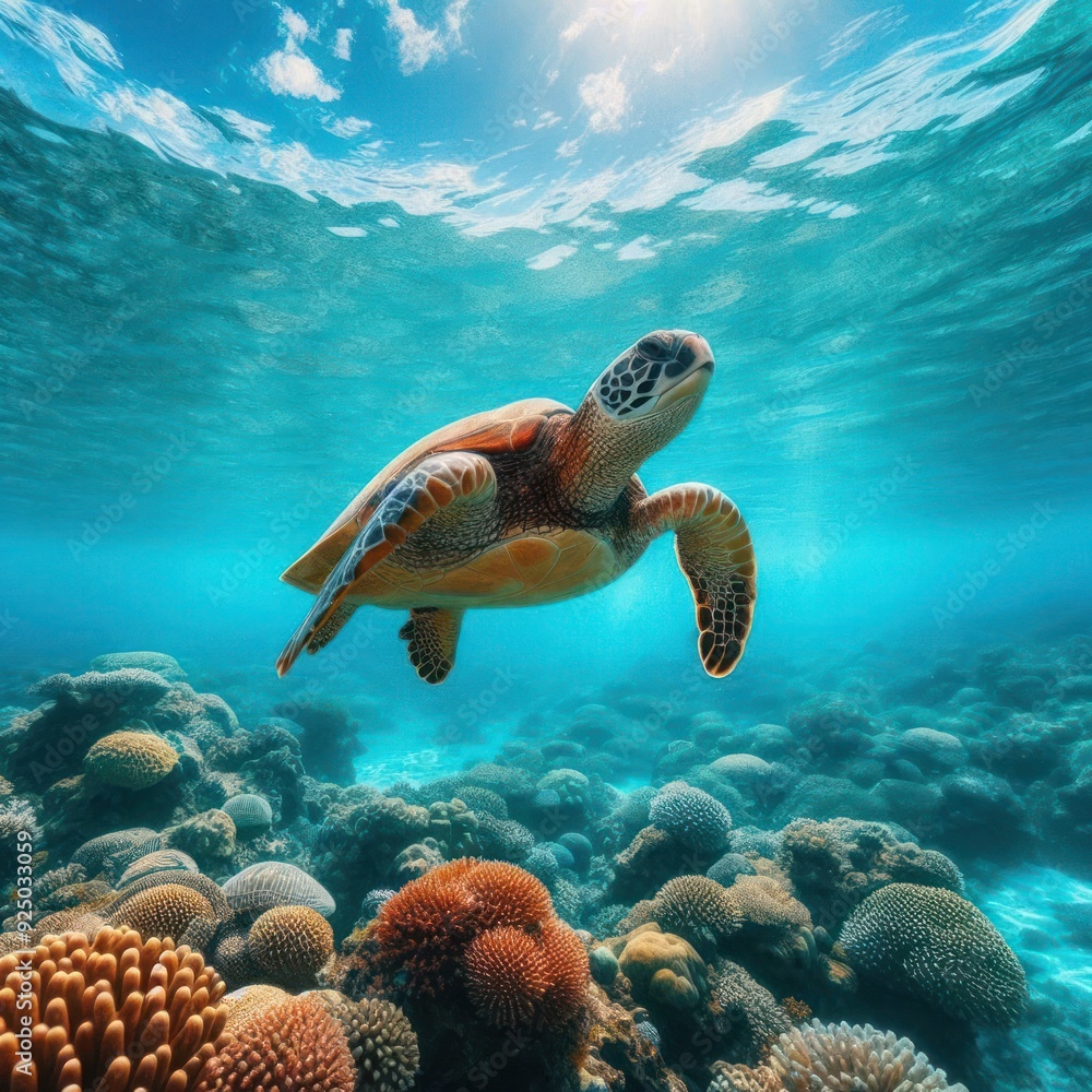 Fototapeta premium A sea turtle swims in the ocean above corals.