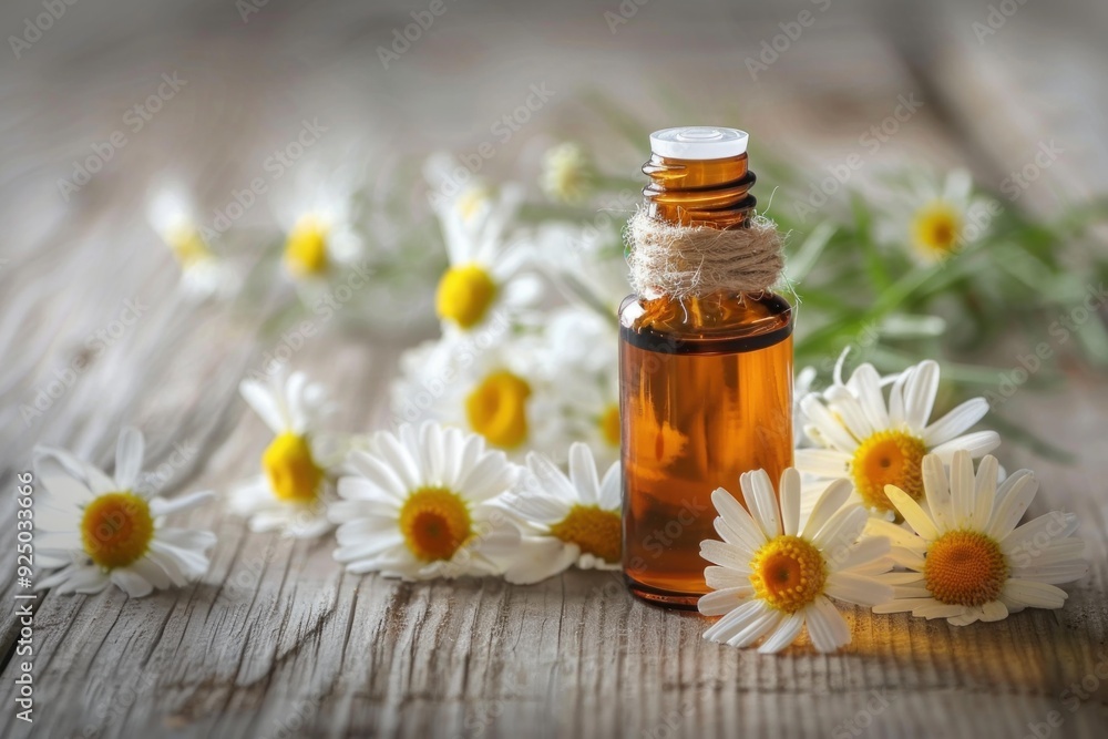 Small bottle of essential oil is standing on a rustic wooden surface and surrounded by fresh chamomile flowers Small bottle of essential oil is standing on a rustic wooden surface and surrounded by fresh chamomile flowers