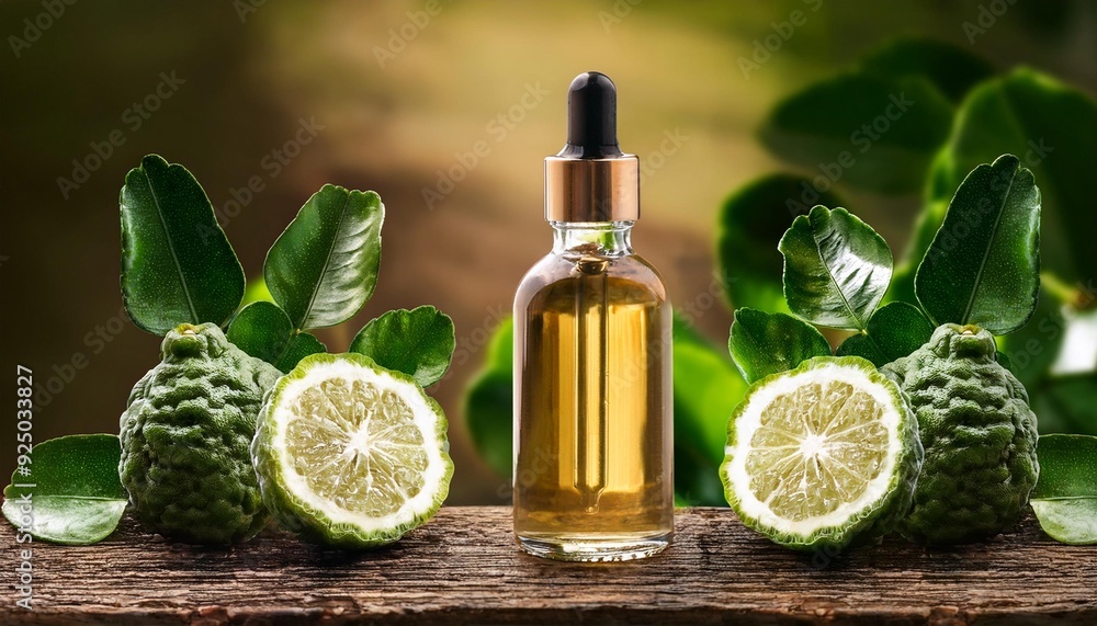 Bergamot Essential Oil Bottle on Rustic Wooden Surface with Fresh Fruits and Leaves Bergamot Essential Oil Bottle on Rustic Wooden Surface with Fresh Fruits and Leaves