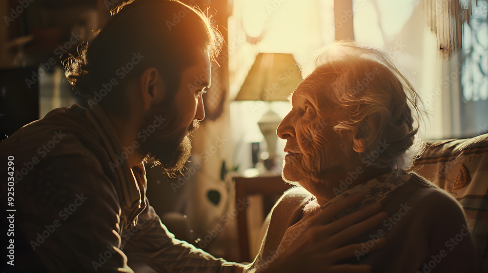 Caring young man comforting elderly woman at sunset Caring young man comforting elderly woman at sunset