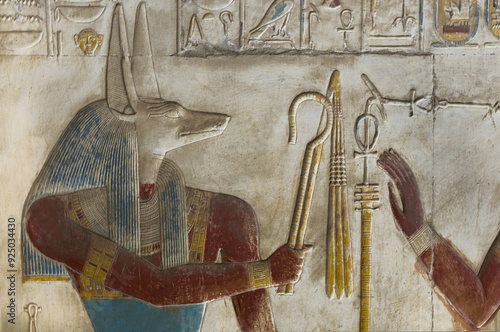 Bas-relief of the God Anubis in the Temple of Seti I at  Abydos . Egypt . 