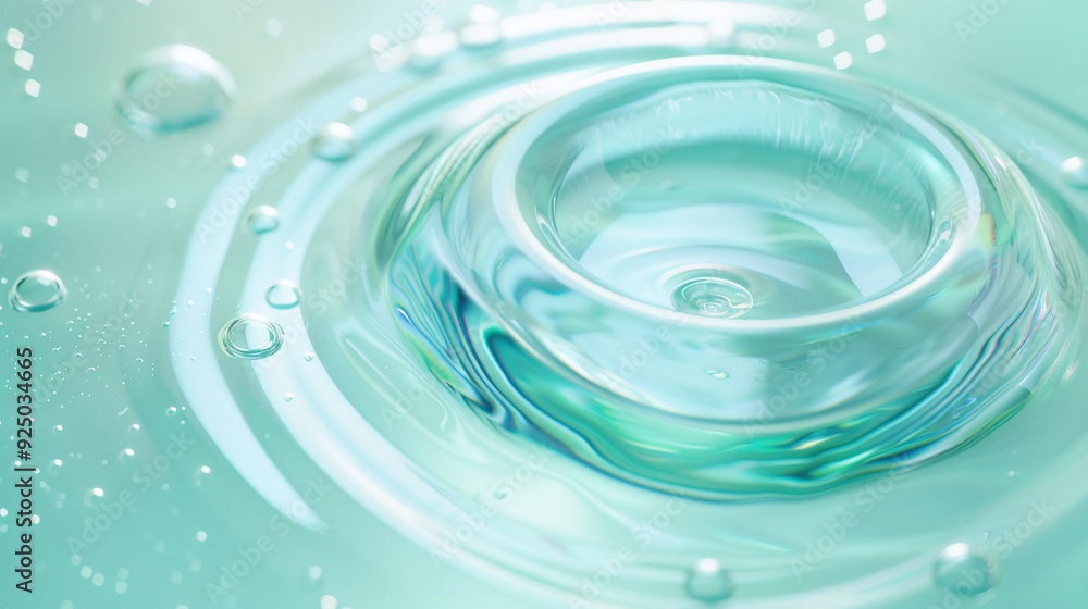 Fototapeta premium Aroma Serum with Gel Fluid, Defocused Blue, White, and Green Neon Color, Natural Blossom Glitter Texture, Mixed Stripe Oil Bubble Circle Abstract Background