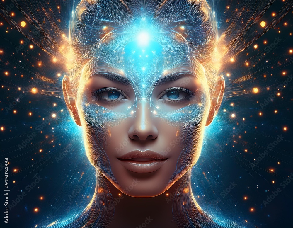 Enhance this image of a woman's face with glowing particles. Make her look like a goddess. Enhance this image of a woman's face with glowing particles. Make her look like a goddess.