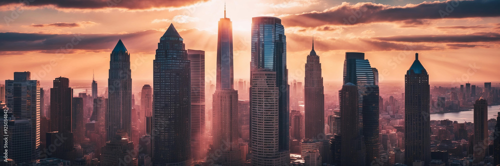 Fototapeta premium City skyline glows as sun sets, casting warm light on towering skyscrapers
