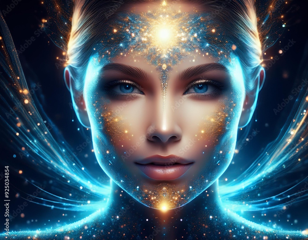 Enhance this image of a woman's face with glowing particles. Make her look like a goddess. Enhance this image of a woman's face with glowing particles. Make her look like a goddess.
